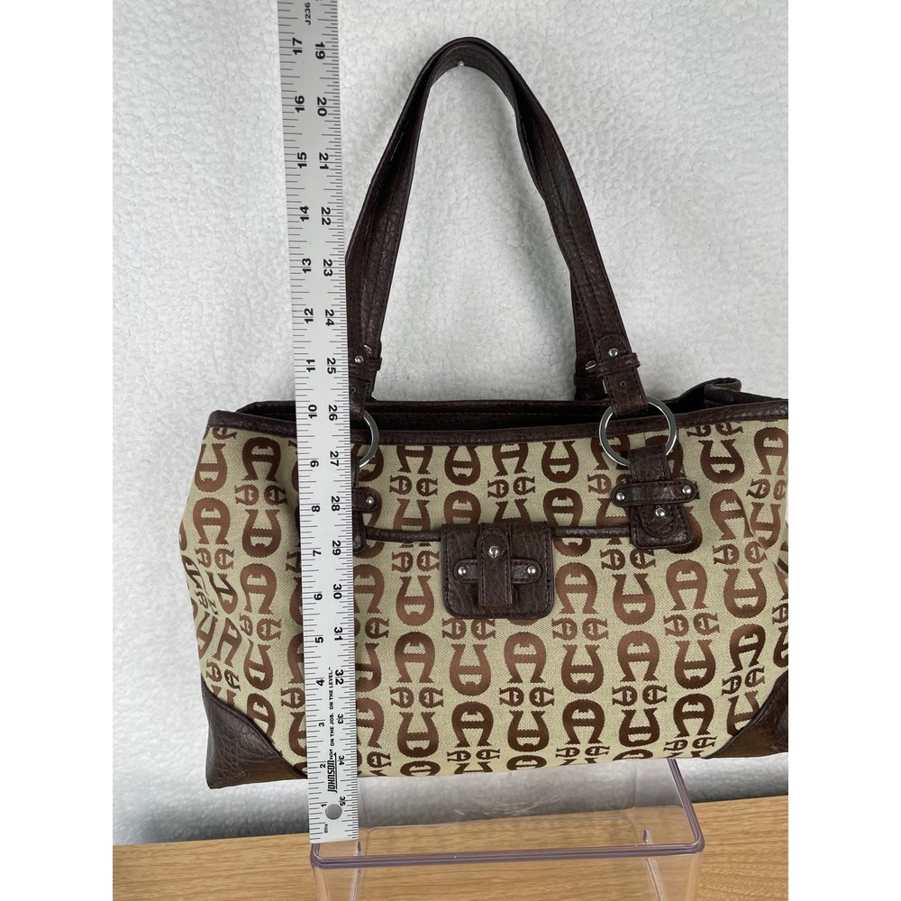 Etienne Aigner Monogram Jacquard Shoulder Bag Brown Tan Faux Leather Trim Tote - Picture 9 of 14
